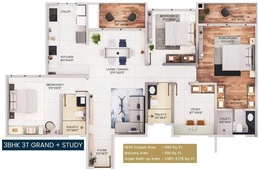 Purva Northern Lights Floor Plan 3 BHK 3T Grand Plus Study