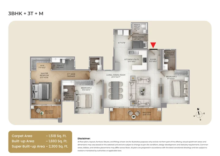 Purva Silver Sky Floor Plan 3 BHK 2300 Sqft