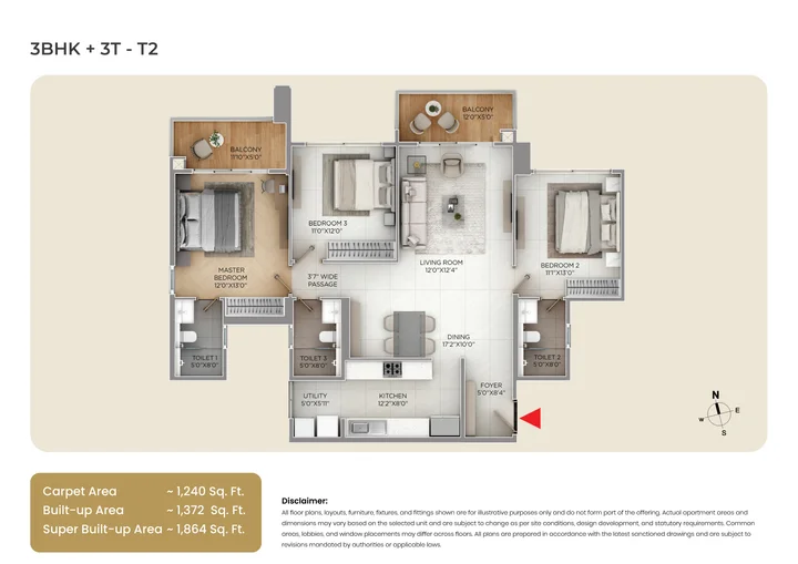 Purva Silver Sky Floor Plan 3 BHK 1864 Sqft
