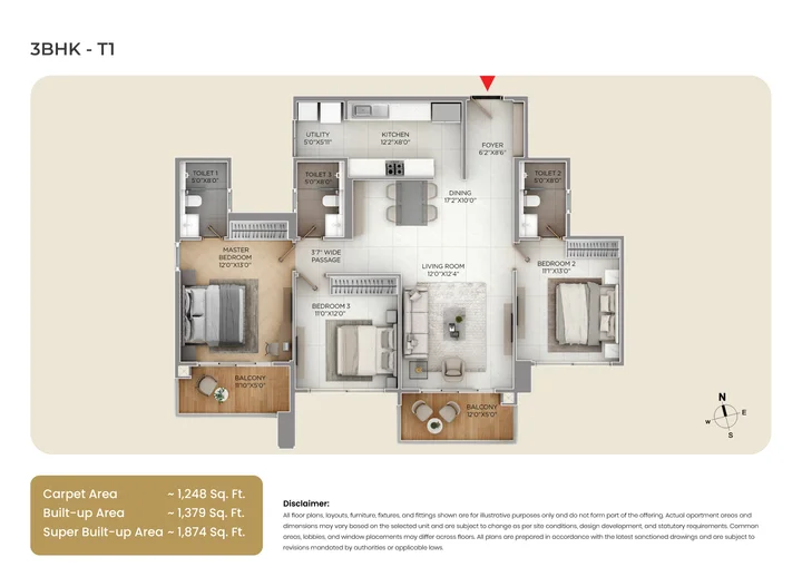 Purva Silver Sky Floor Plan 3 BHK 1874 Sqft