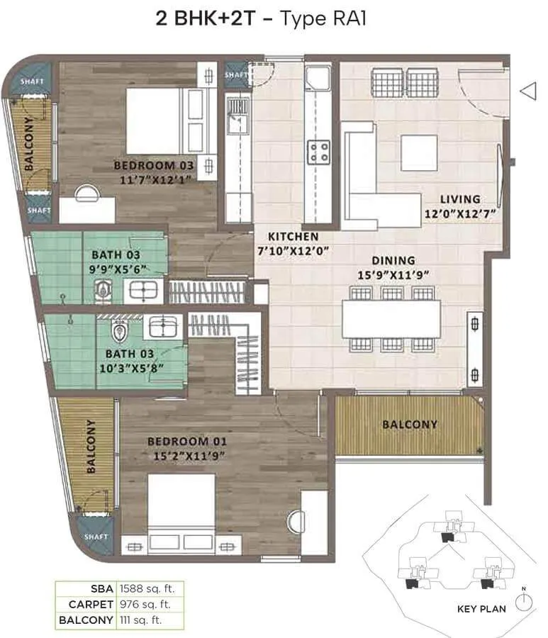 Sattva Aaranya Floor Plan 2 BHK 2T Type RA1 1588 Sqft