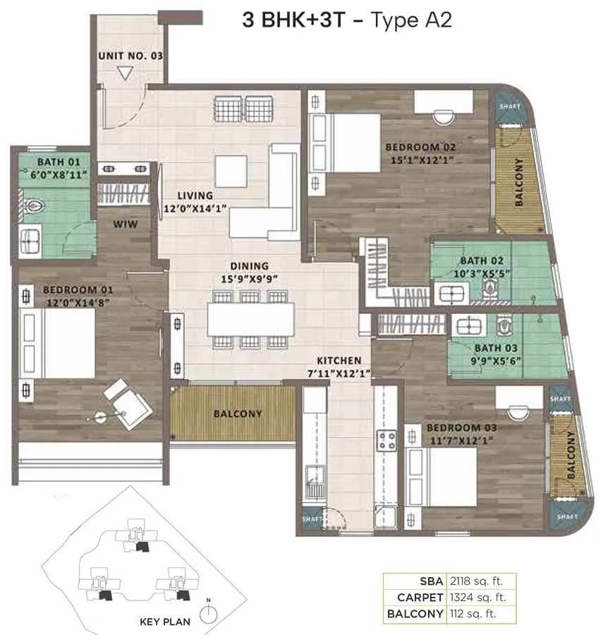 Sattva Aaranya Floor Plan 3 BHK 3T Type A2 2118 Sqft