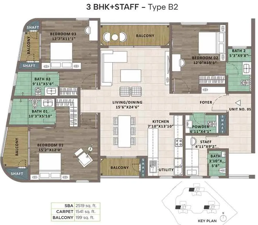 Sattva Aaranya Floor Plan 3 BHK + Staff Type B2 2519 Sqft