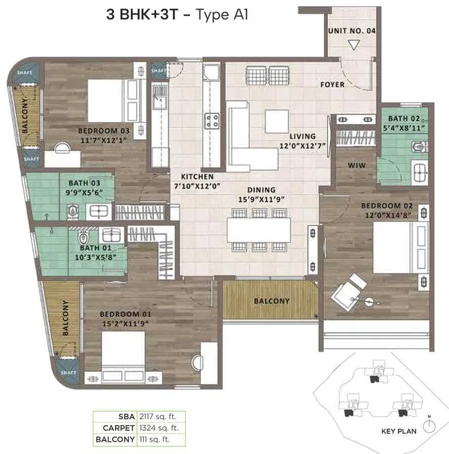 Sattva Aaranya Floor Plan 3 BHK 3T Type A1 2117 Sqft