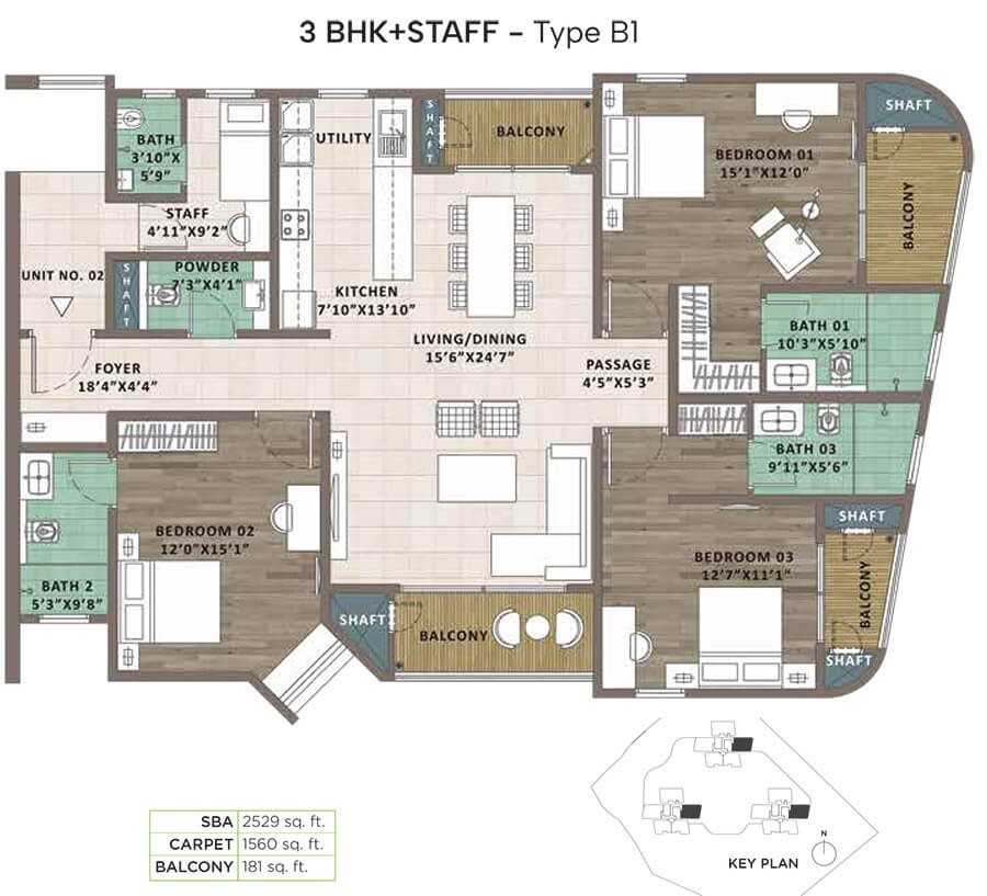 Sattva Aaranya Floor Plan 3 BHK + Staff Type B1 2529 Sqft
