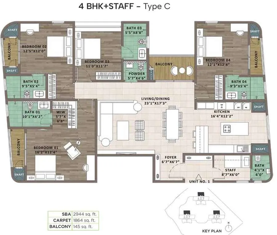 Sattva Aaranya Floor Plan 4 BHK + Staff 2944 Sqft