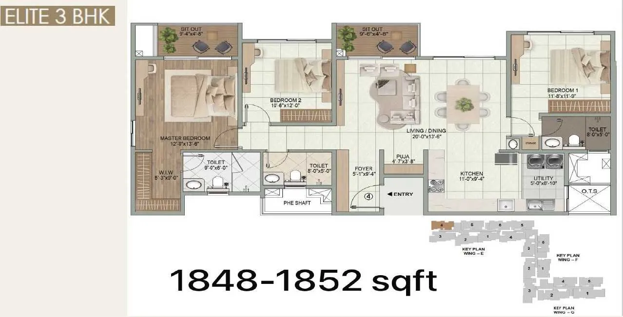 Sumadhura Elysium 3 BHK Elite floor plan 1848 to 1852 sqft