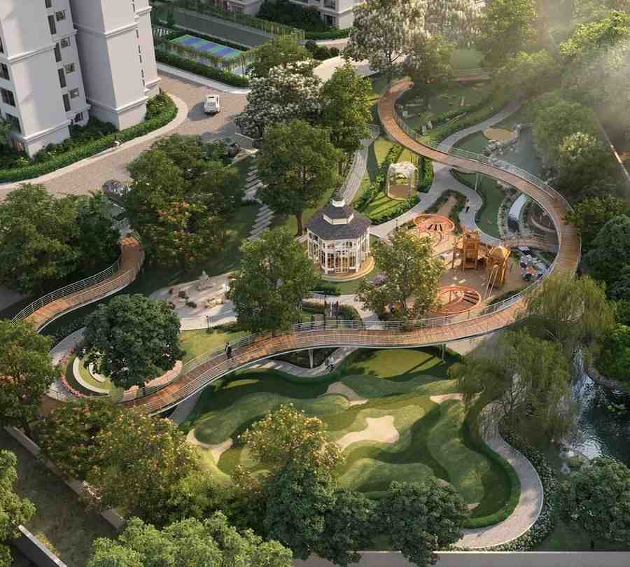 Elevated walkway and central park at Sumadhura Edition