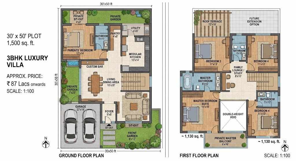 Sattva Green Groves 30x50 plot 3 BHK luxury villa floor plan