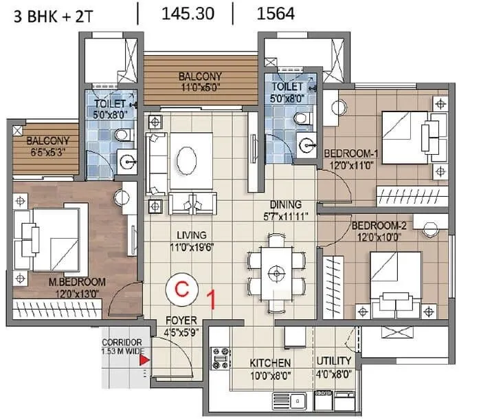 Sattva Songbird Phase 2 3 BHK 1564 sqft floor plan