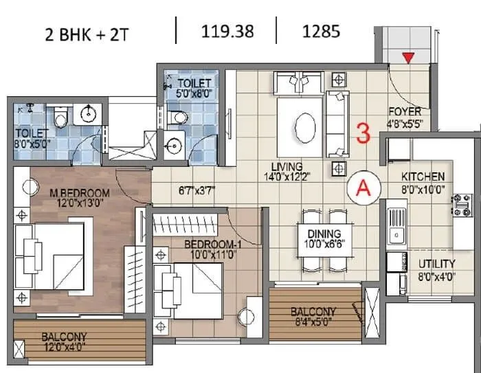 Sattva Songbird Phase 2 2 BHK 1285 sqft floor plan