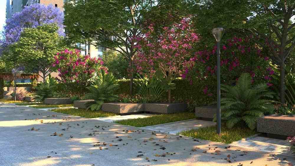 Landscaped garden seating at Suraksha Whispering Waves Begur