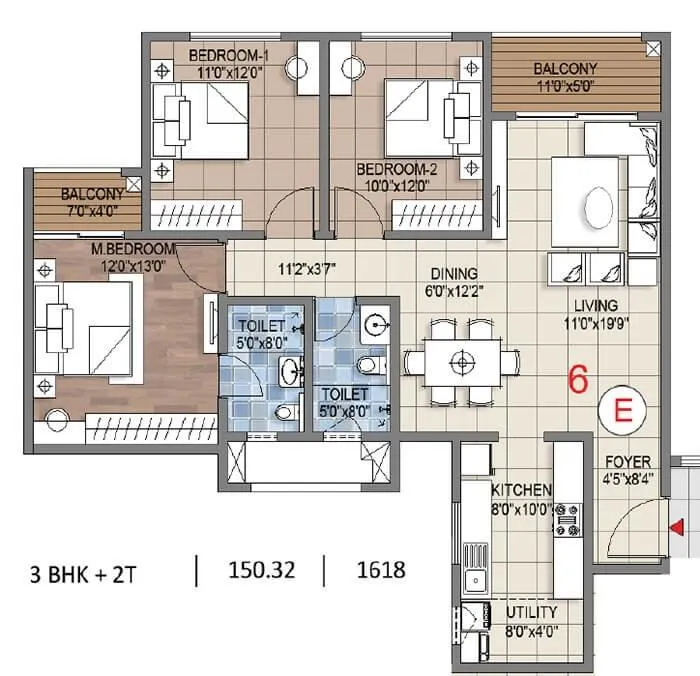 Sattva Songbird Phase 2 3 BHK 1618 sqft floor plan