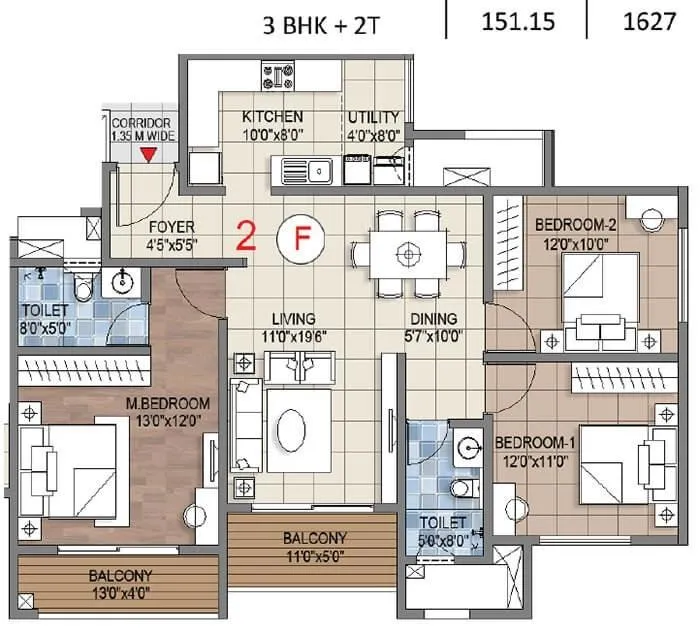 Sattva Songbird Phase 2 3 BHK 1627 sqft floor plan