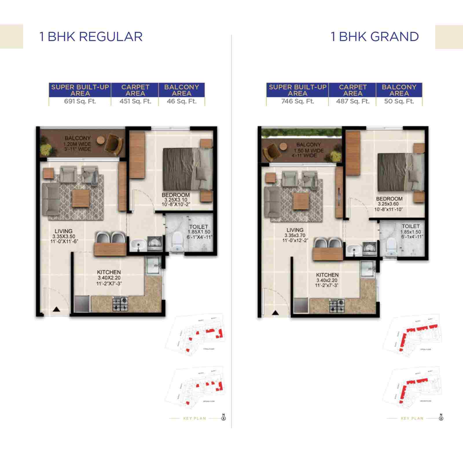 Sattva Simplicity 1 BHK regular and grand unit plans