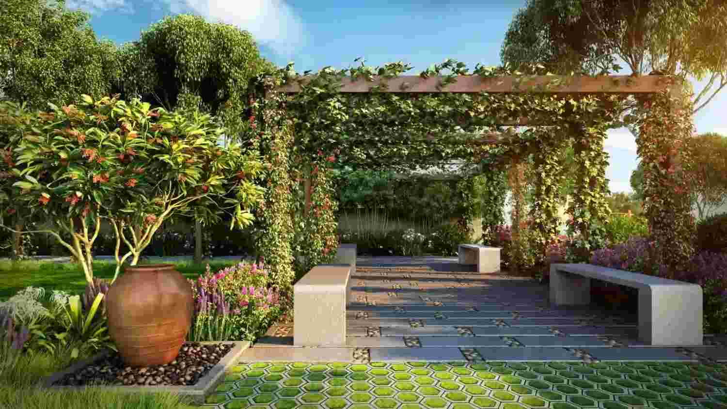 Pergola garden view at TVS Emerald Altura Thanisandra
