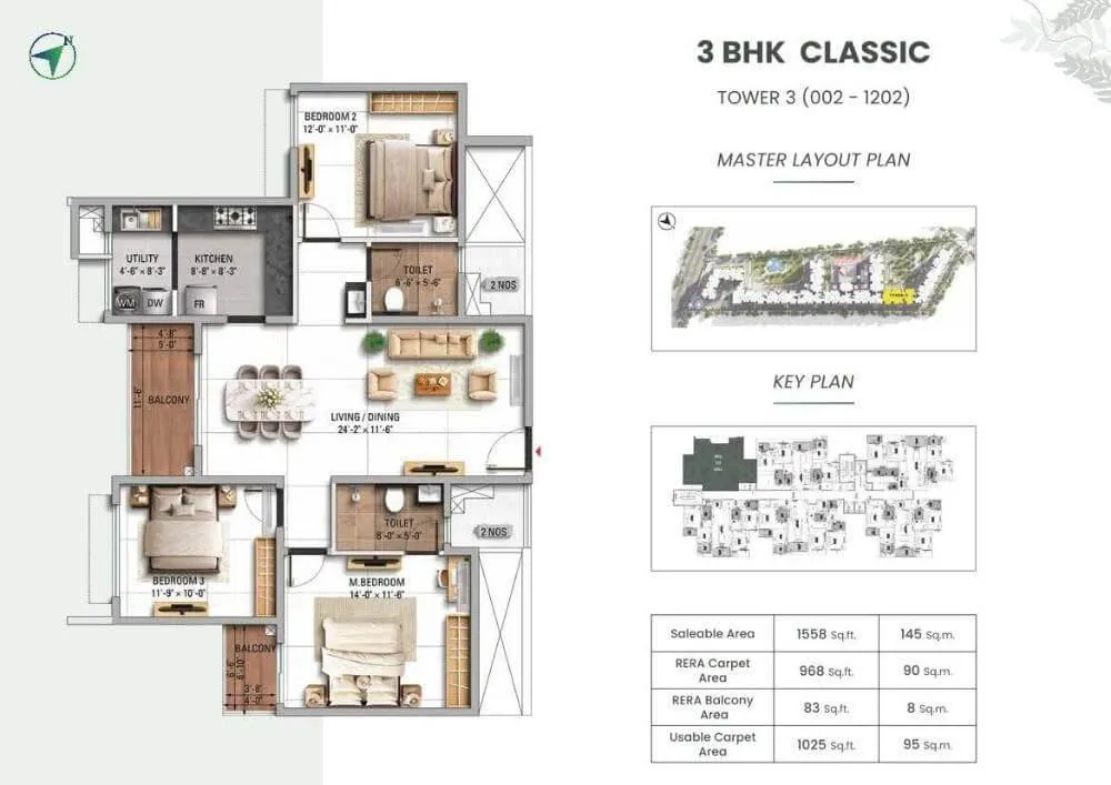 TVS Emerald Altura 3 BHK Classic floor plan 1558 sqft