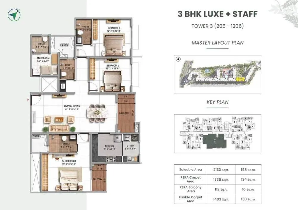 TVS Emerald Altura 3 BHK Luxe with staff room floor plan 2133 sqft