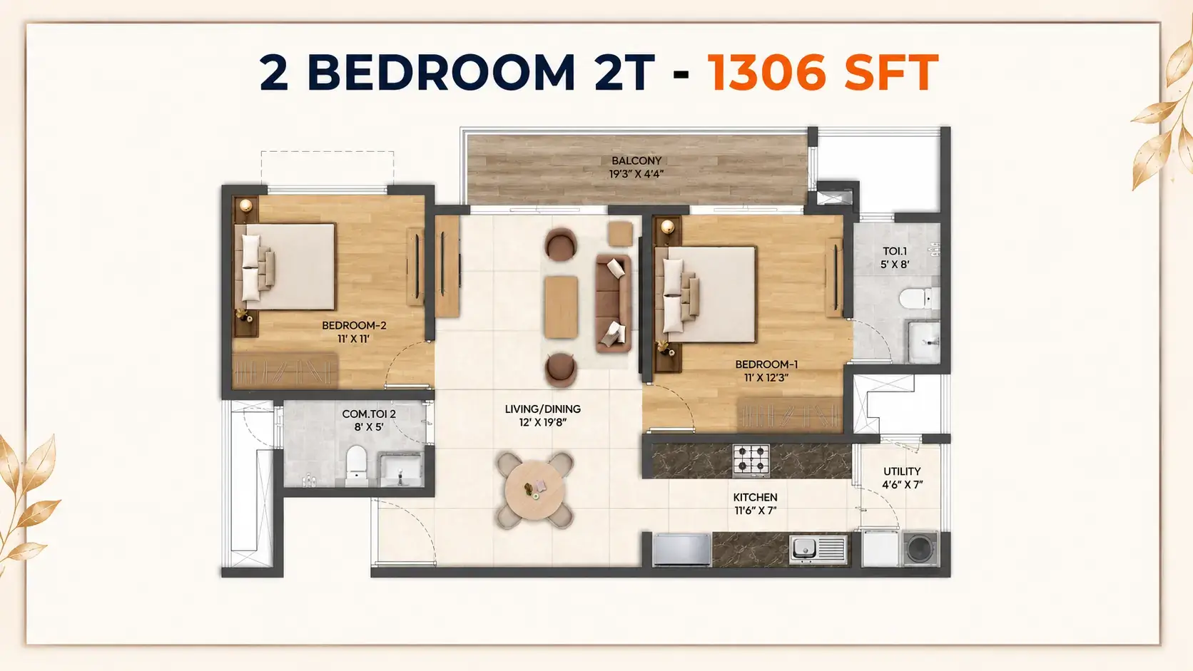 Prestige Avon 2 BHK floor plan 1306 sqft