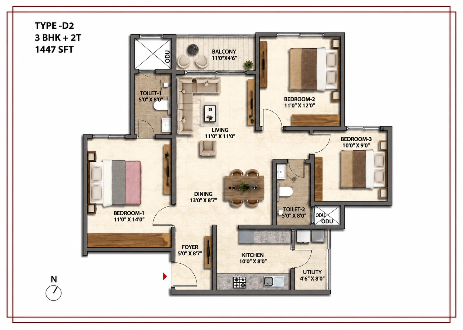 Prestige Park Lane Type D2 3 BHK 2T floor plan 1447 sqft