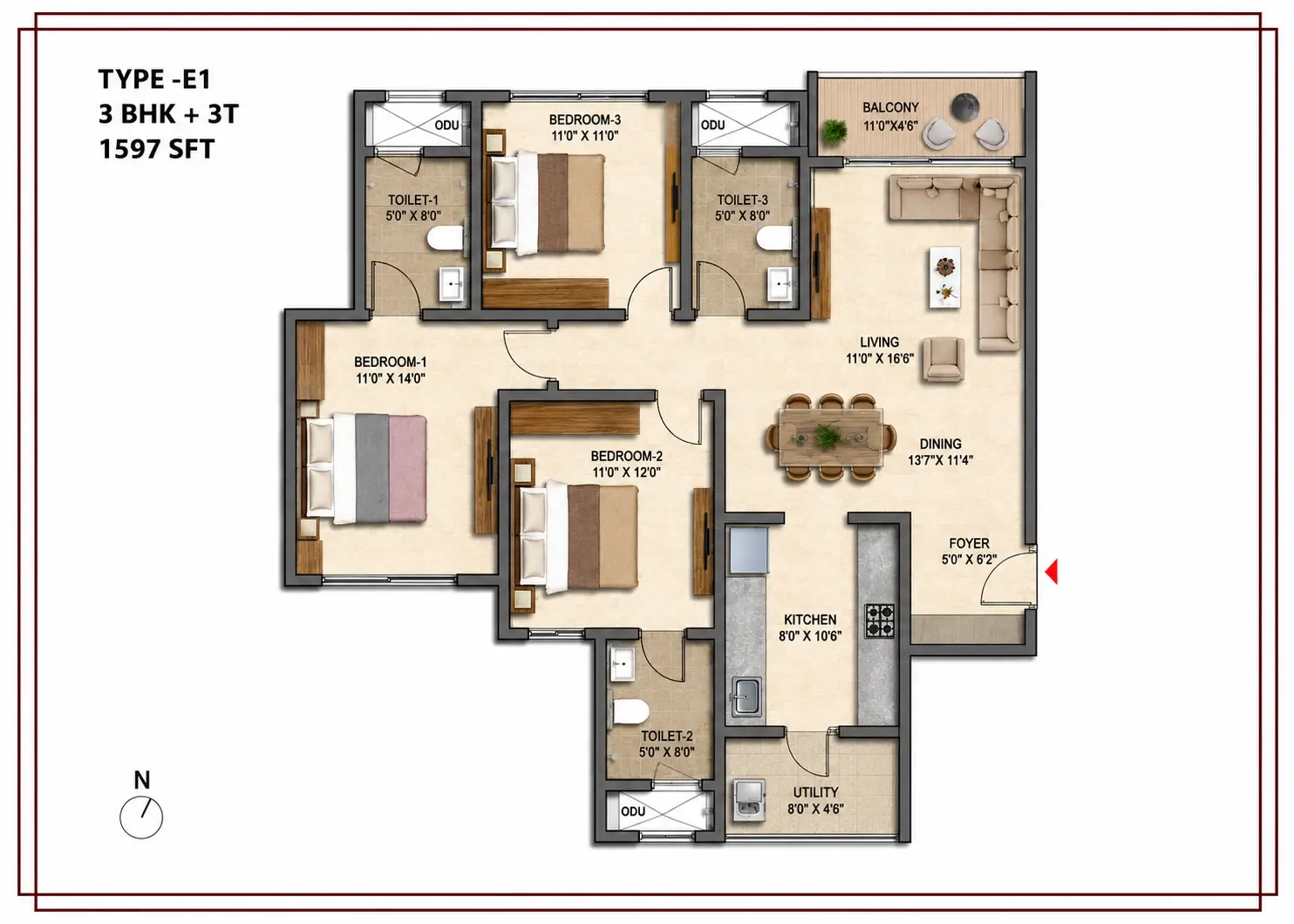 Prestige Park Lane Type E1 3 BHK 3T floor plan 1597 sqft