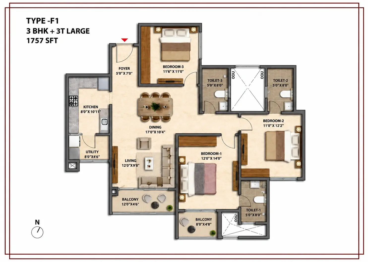 Prestige Park Lane Type F1 3 BHK 3T large floor plan 1757 sqft