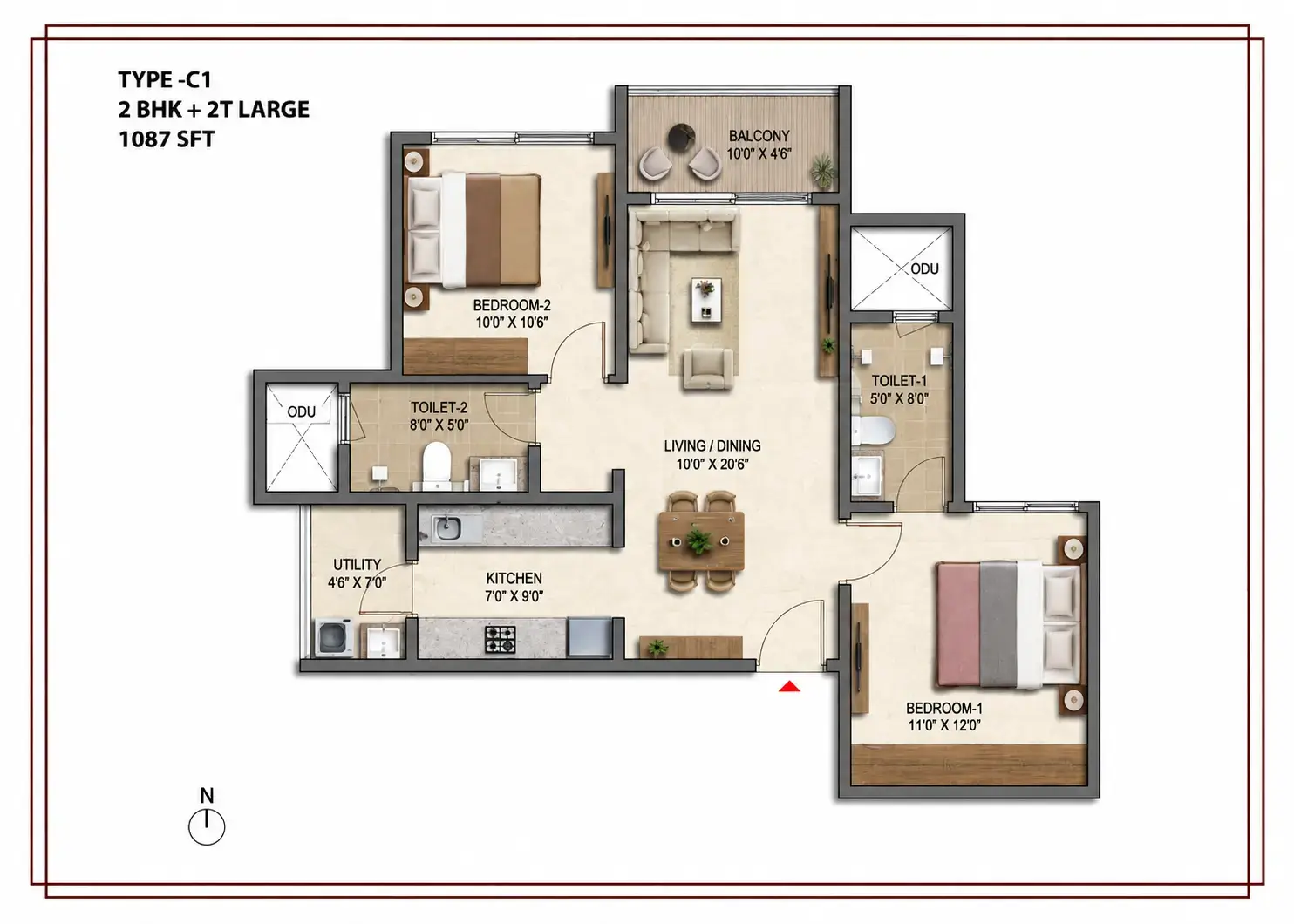 Prestige Park Lane Type C1 2 BHK 2T large floor plan 1087 sqft