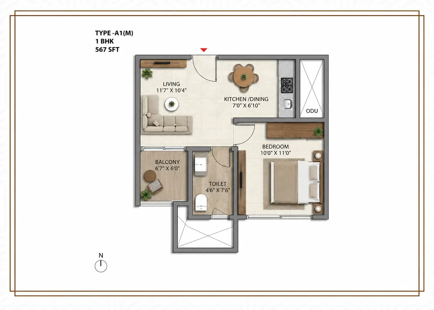 Prestige Park Lane Type A1M 1 BHK floor plan 567 sqft