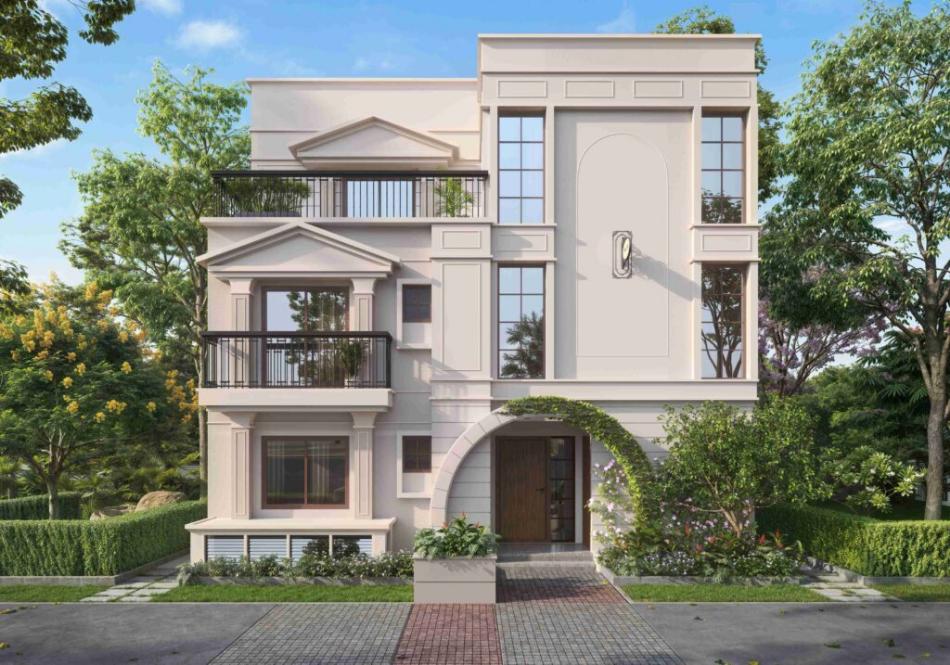 Greek inspired villa elevation at NVT Oikos Whitefield