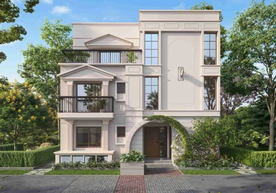 Greek inspired villa elevation at NVT Oikos Whitefield
