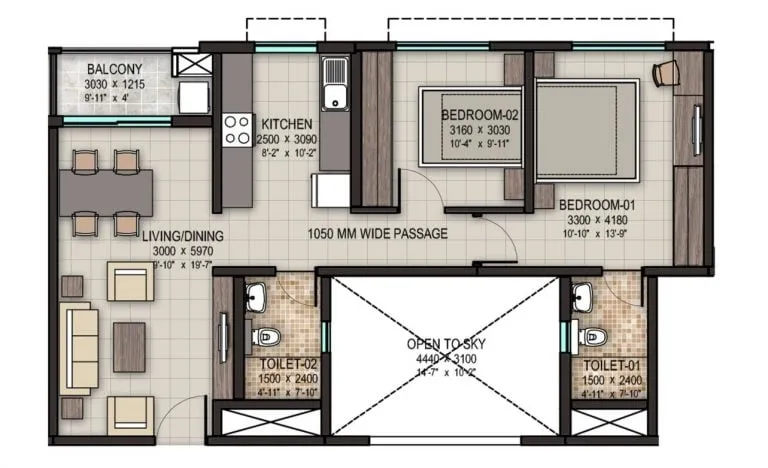 Sobha Dream Acres 2 BHK floor plan 1007 sqft