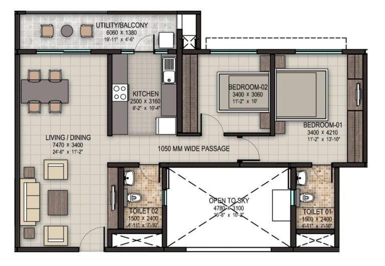 Sobha Dream Acres 2 BHK floor plan 1205 sqft