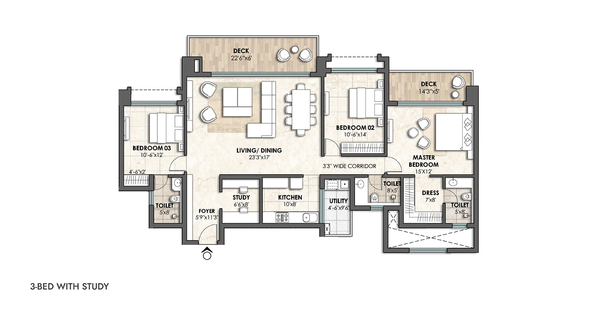 Lodha Bannerghatta 3 BHK with study unit plan