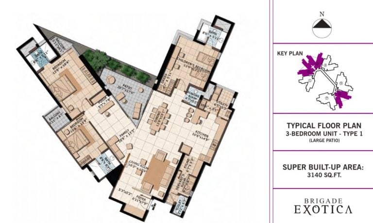 Brigade Exotica Floor Plan 3 BHK 3140 Sqft