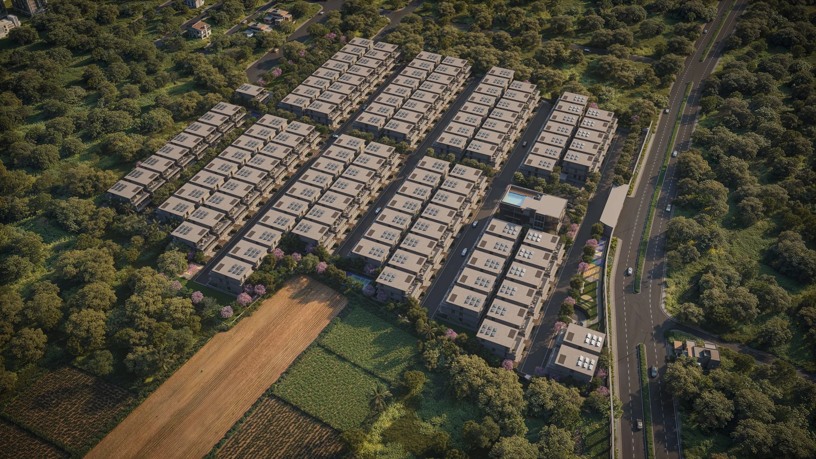 Casagrand Vybe aerial view in daylight showing villa rows, internal streets and clubhouse, Rajendra Nagar Hyderabad, artist impression