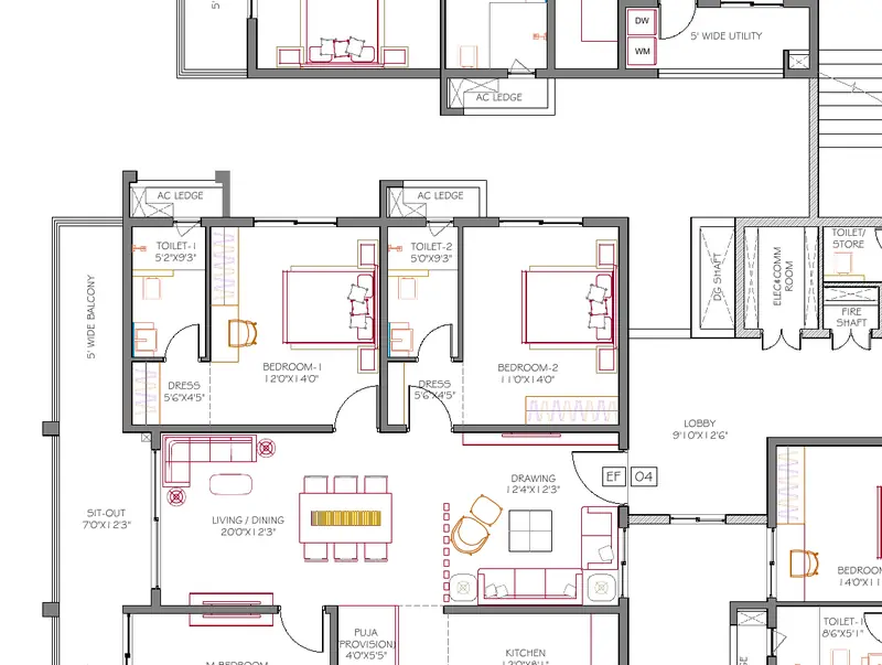 DSR Ciel 3 BHK floor plan, 2,205 sq ft, east and west facing