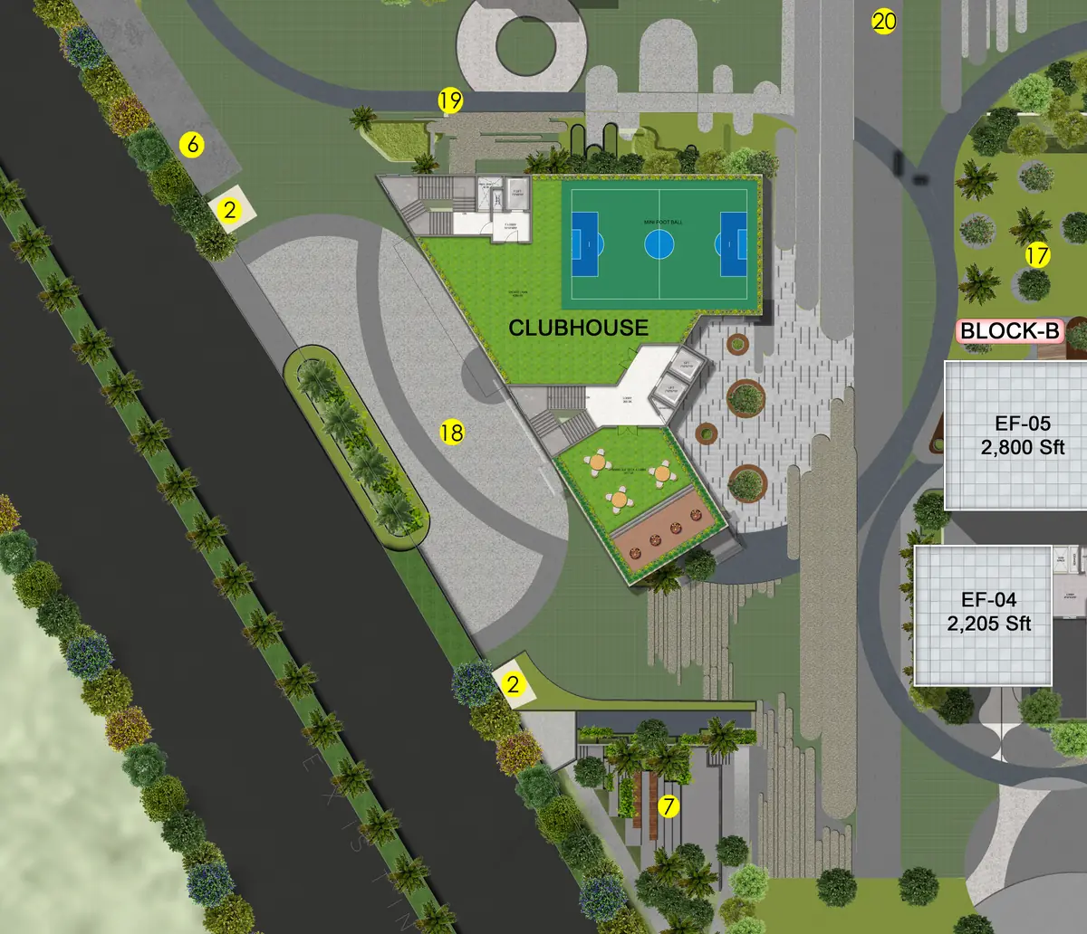 DSR Ciel clubhouse, sports courts and landscaped zones on the master plan