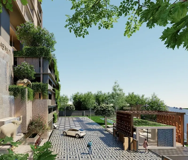 Arrival court with water feature at Dukes Deevyashakti, artist impression