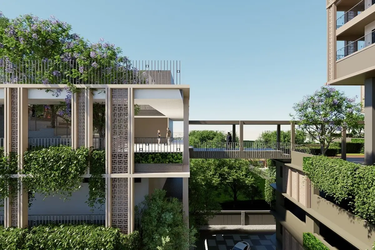 Podium deck with planting between the Dukes Deevyashakti towers, artist impression