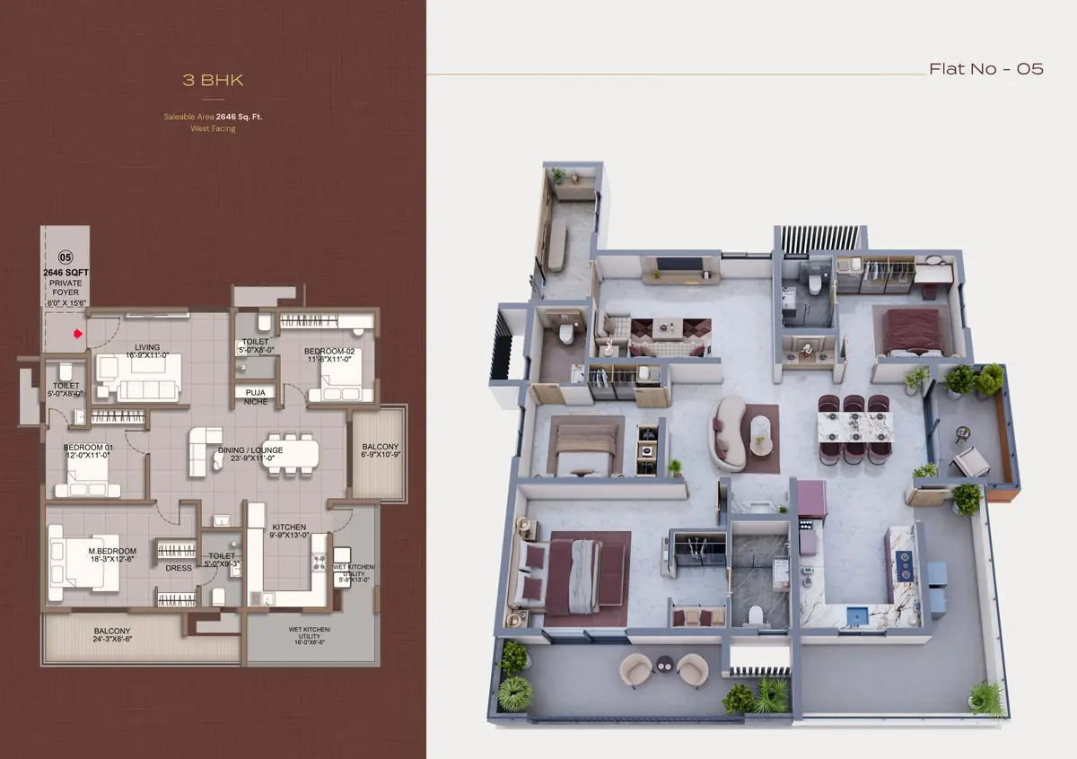 Sri Tirumala Legacy 3 BHK floor plan, 2,646 sq ft