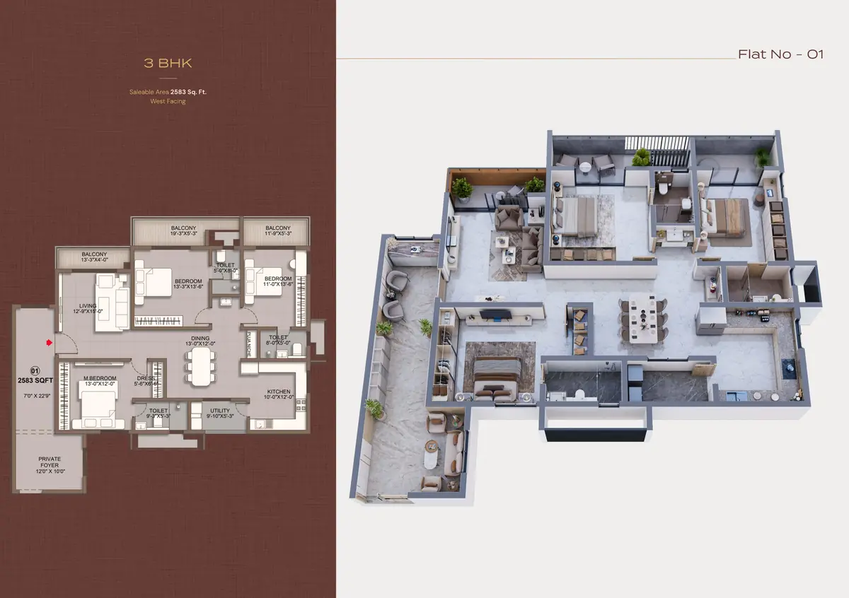 Sri Tirumala Legacy 3 BHK floor plan, 2,583 sq ft