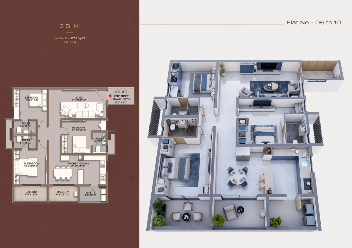 Sri Tirumala Legacy 3 BHK floor plan, 2,286 sq ft, east facing