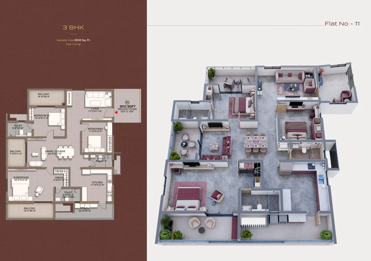 Sri Tirumala Legacy 3 BHK corner floor plan, 3,033 sq ft