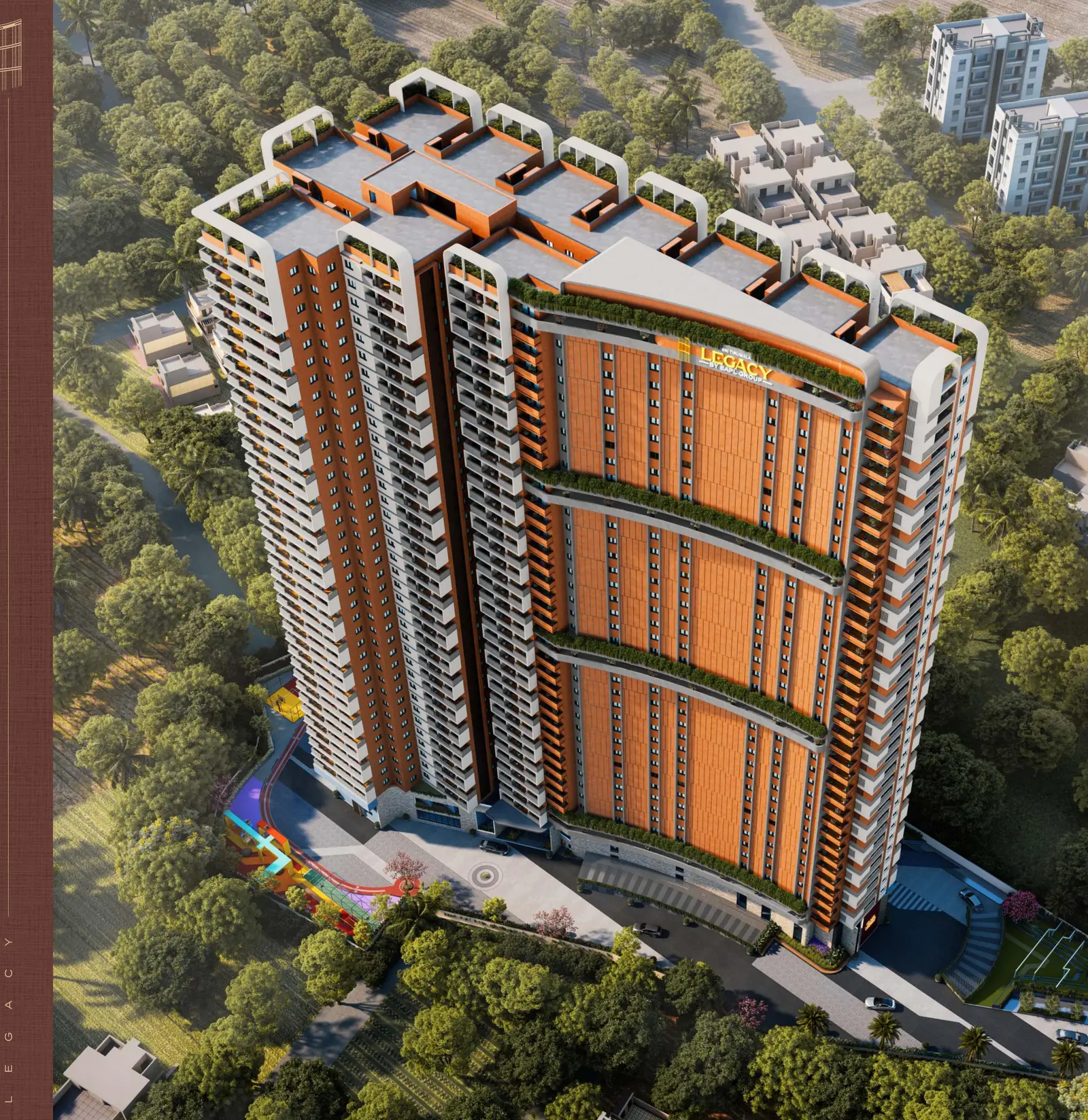 Aerial view of Sri Tirumala Legacy and its landscaped grounds, artist impression