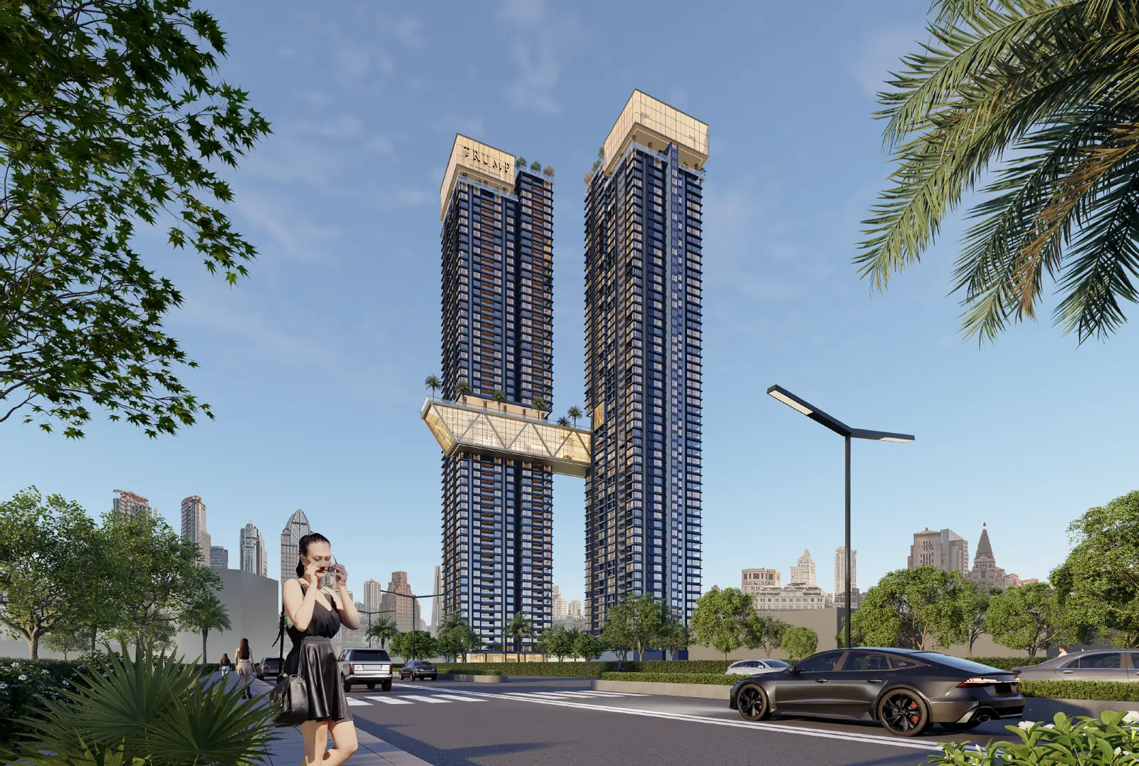 Trump Towers Hyderabad with the crown level lit at dusk, artist impression