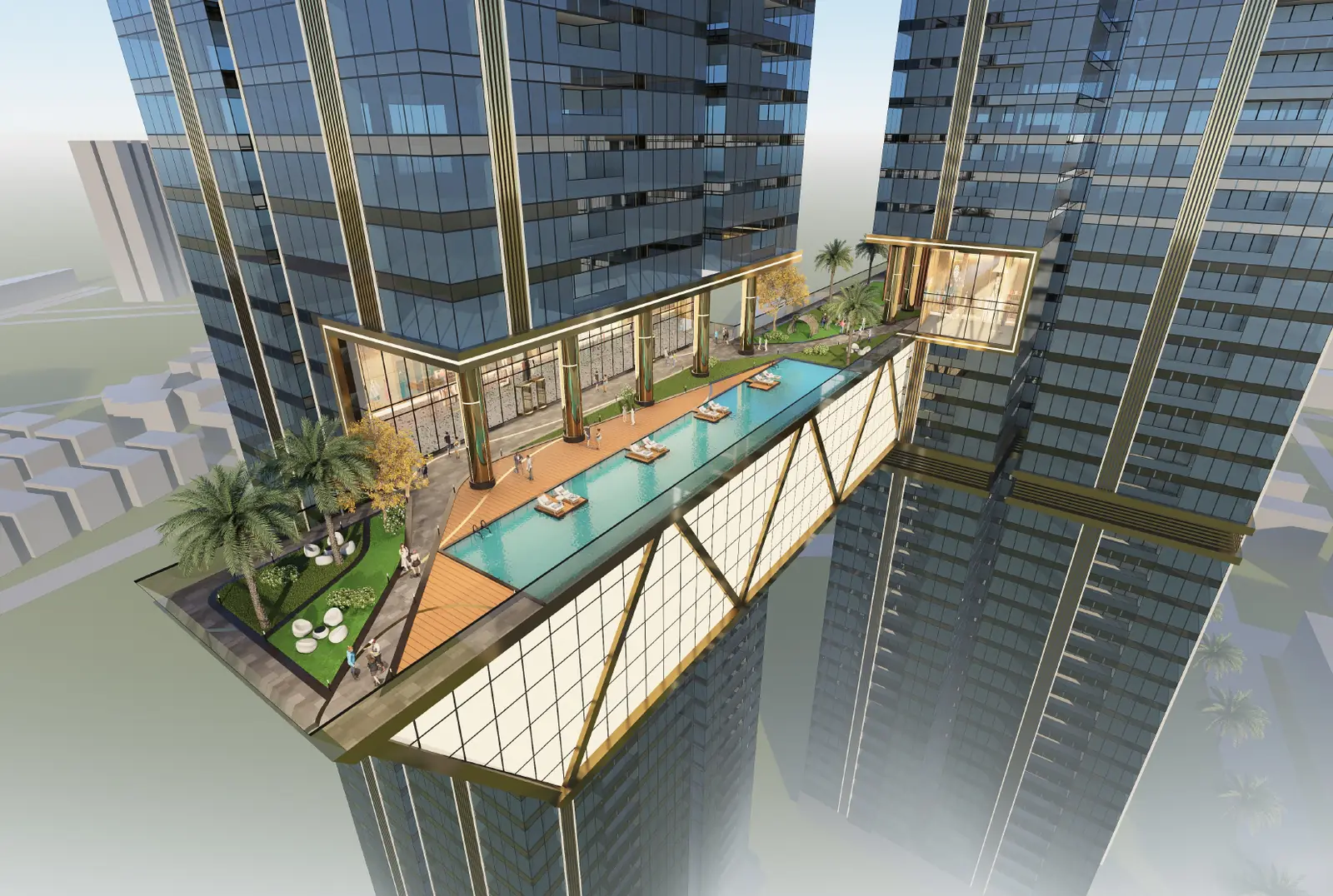 Infinity edge pool on the sky bridge between the Trump Towers Hyderabad towers, artist impression