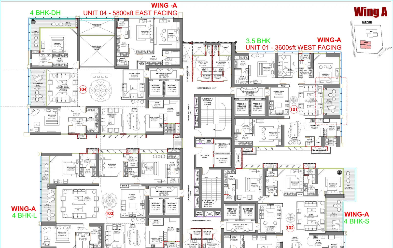 Trump Towers Hyderabad typical floor plan with four residences in Wing A