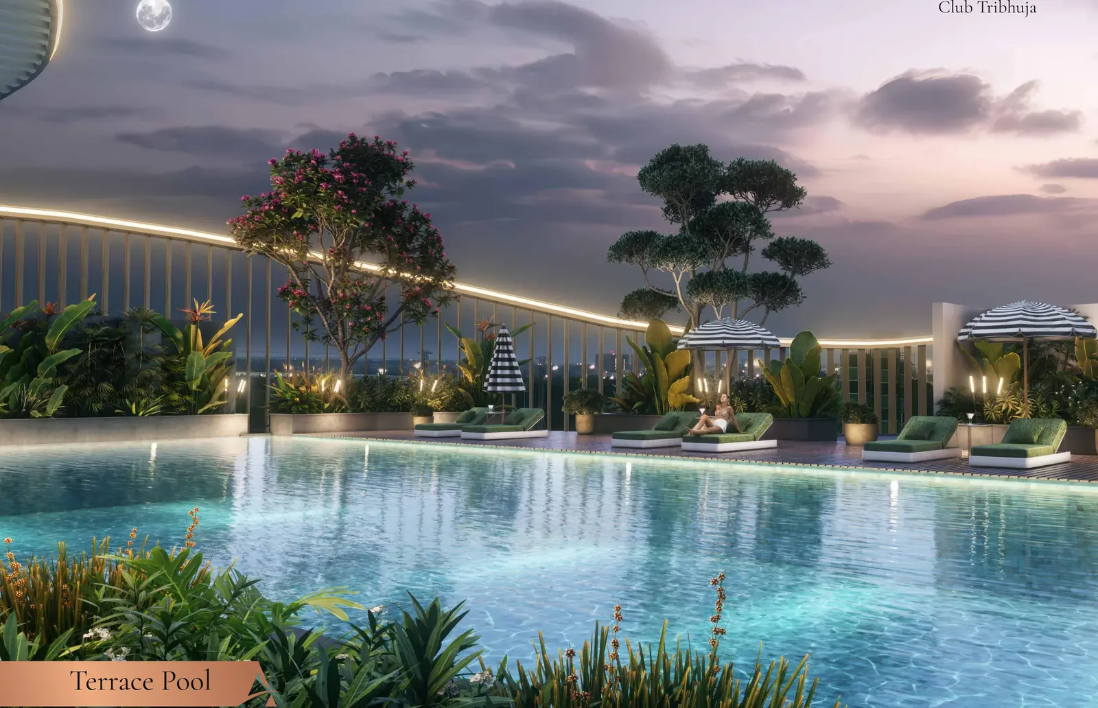 Terrace pool at dusk at Zuari Gangothri Tribhuja, artist impression