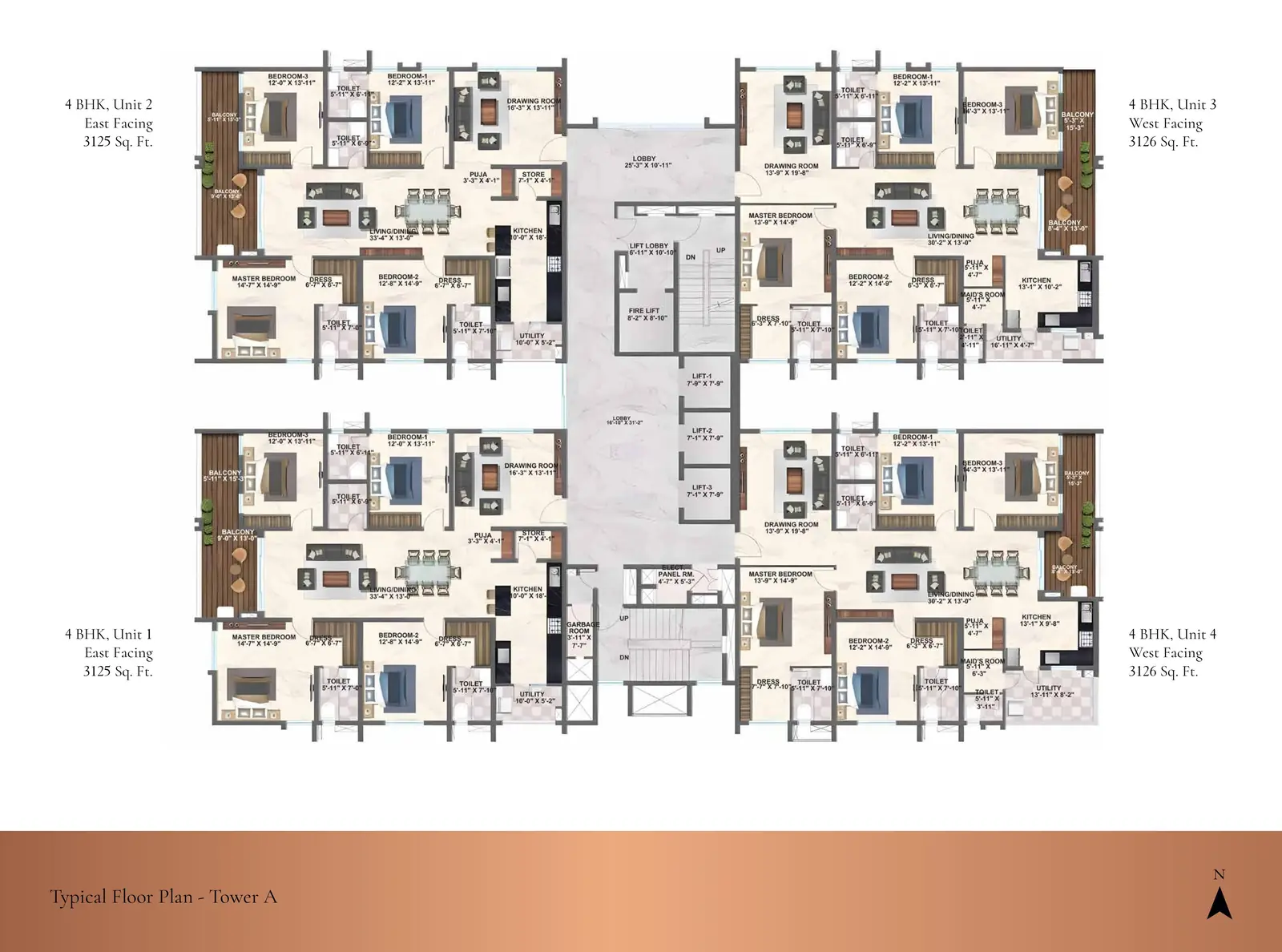 Zuari Gangothri Tribhuja tower A typical floor plan with four 4 BHK homes