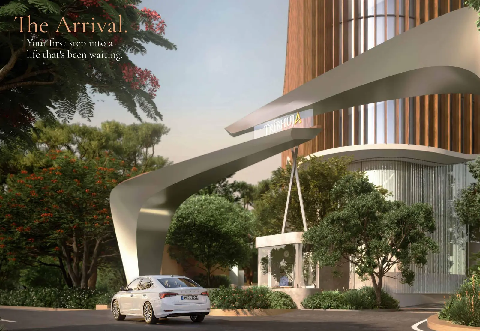 Arrival canopy and entrance drive at Zuari Gangothri Tribhuja, artist impression